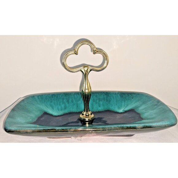 Vintage Royal Canadian Art Pottery Aqua Drip Glaze Handled Candy Dish 10" - Picture 1 of 7